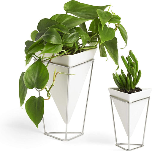 Trigg Desktop Planter Vase & Geometric Ceramic Container - Great for Succulent Plants, Air Plant, Mini Cactus, Faux Plants and More, Set of 2, Tabletop, White/Nickel
