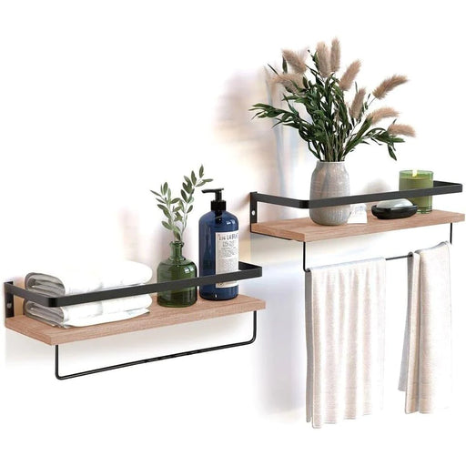 Rustic Wood Floating Shelf with Towel Rack - Perfect for Kitchen and Bathroom
