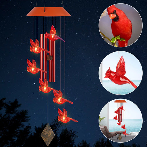 Cardinal Bird Solar Wind Chimes,  LED Red Tubes Wind Bell Light with S Hook, Waterproof for Patio Garden Decor, Gift