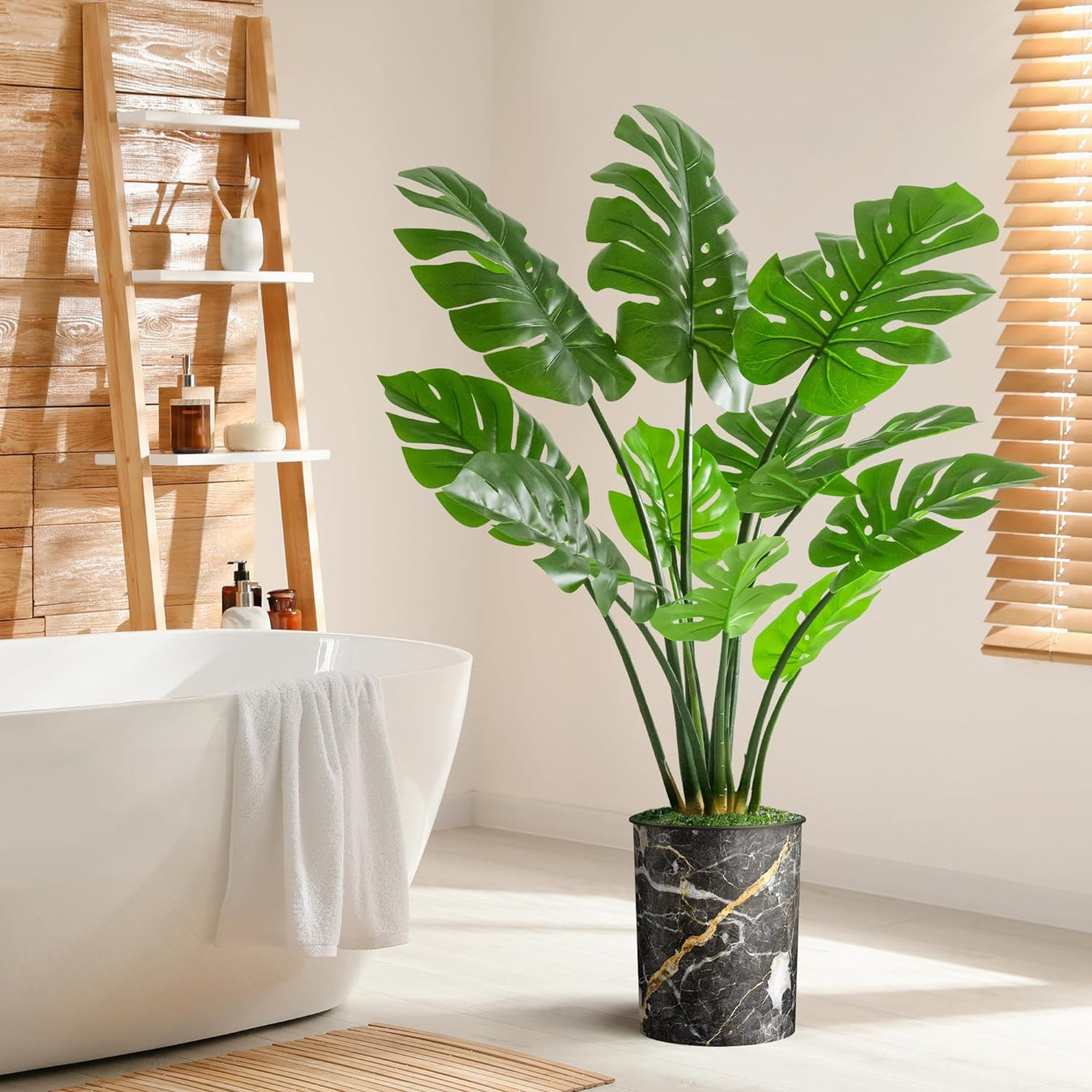 Artificial Tree in Modern Granite Effect Planter, Fake Monstera Silk Tree for Indoor and Outdoor Home Decoration - 56" Overall Tall (Plant Pot plus Tree)
