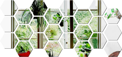 3.4''X4''X2'' Hexagon Mirror Wall Sticker, 24 Pieces Acrylic Mirror Self Adhesive Mirror Tiles, Aesthetic Wall Decor for Bedroom Living Room(Silver)